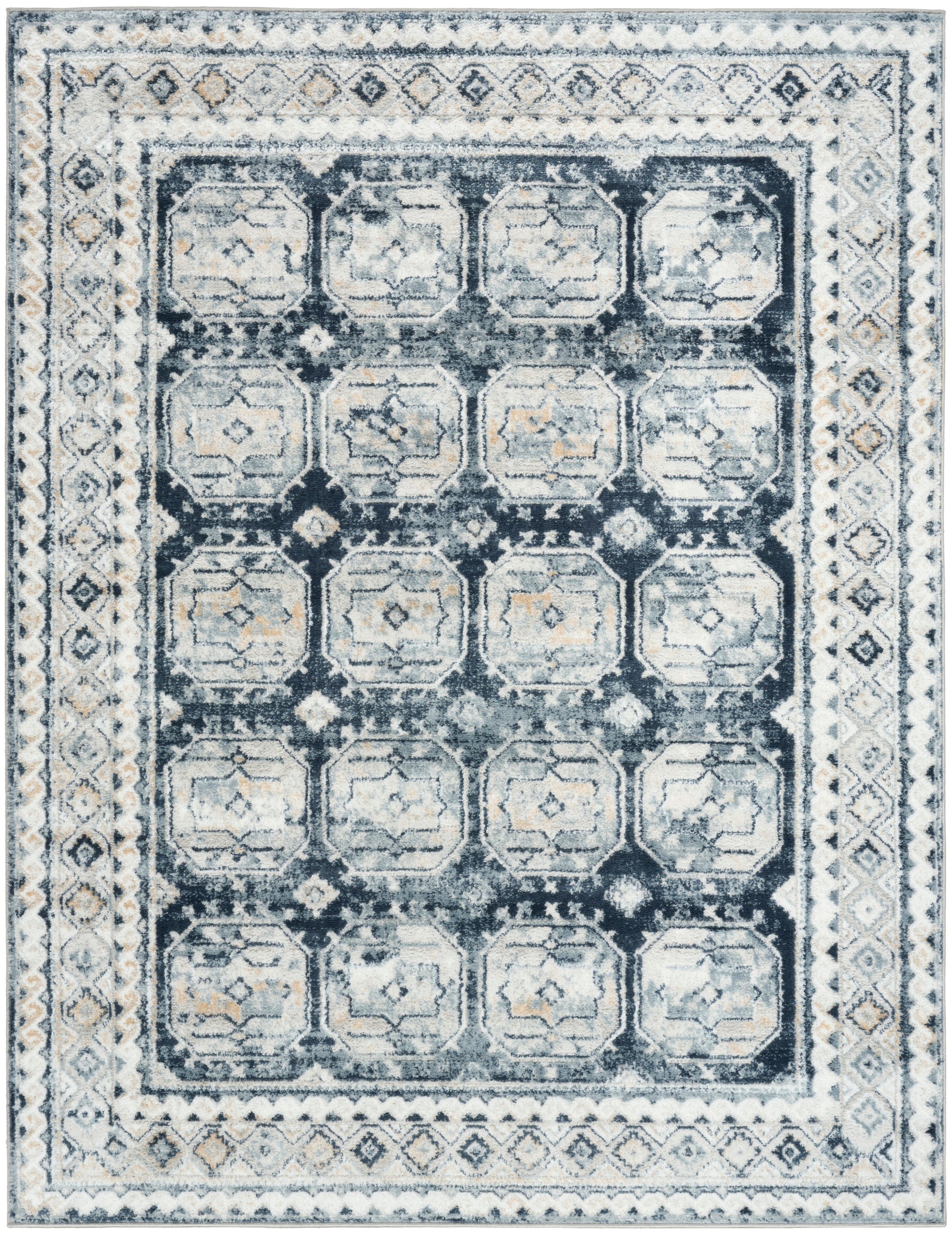 Distressed blue & ivory oriental area rug with geometric octagonal medallions and layered borders.