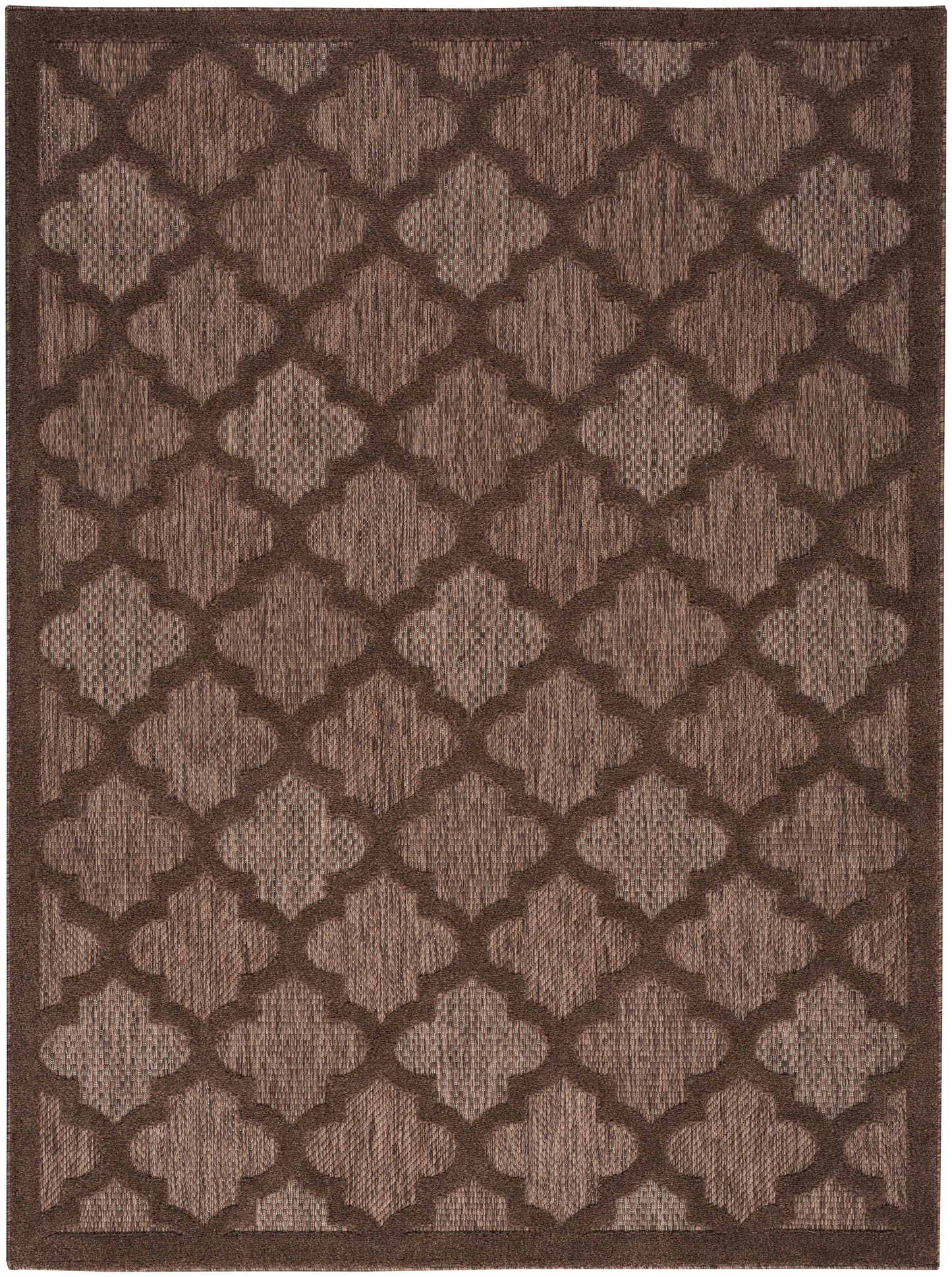 Rectangular brown rug with a repeating trellis quatrefoil pattern in light and dark browns; textured woven surface.