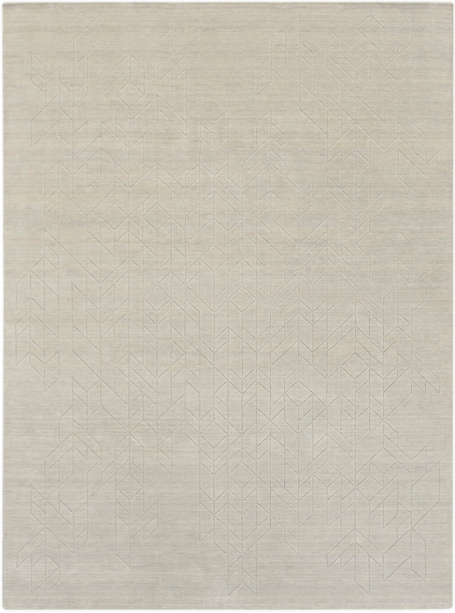 Cream rectangular rug with a subtle geometric chevron-lined pattern and soft woven texture.