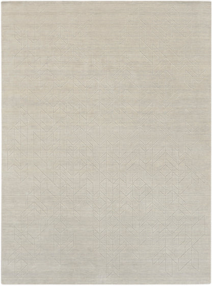Cream rectangular rug with a subtle geometric chevron-lined pattern and soft woven texture.