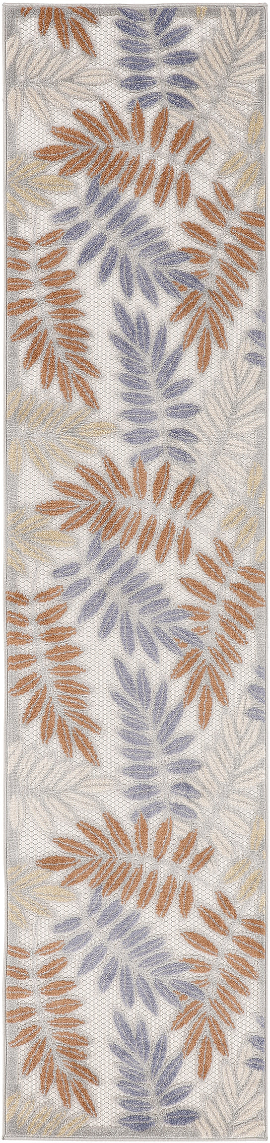 Long outdoor 8' runner rug with fern-like leaf patterns in orange, lavender and beige on a light cream background.