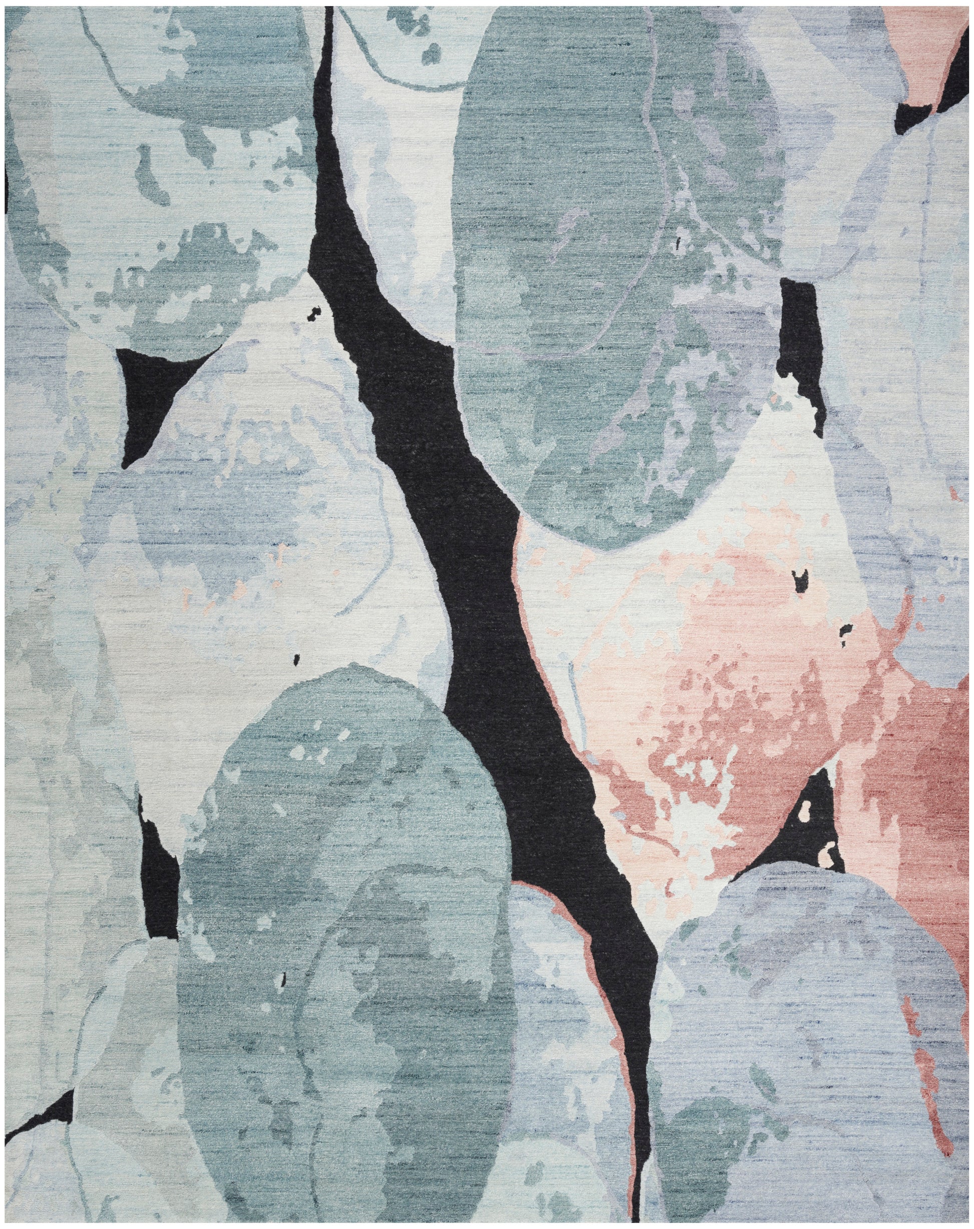 Abstract area rug with oversized blue-green leaves, pale pink accents and bold black branch lines.