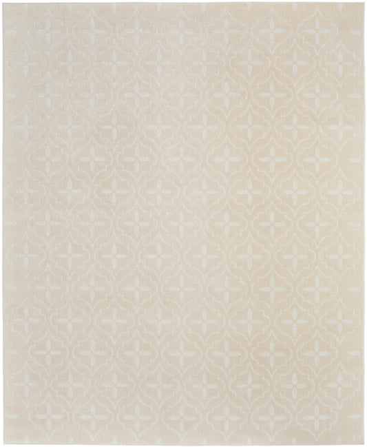Beige area rug with pale off-white geometric quatrefoil trellis pattern and soft woven texture.