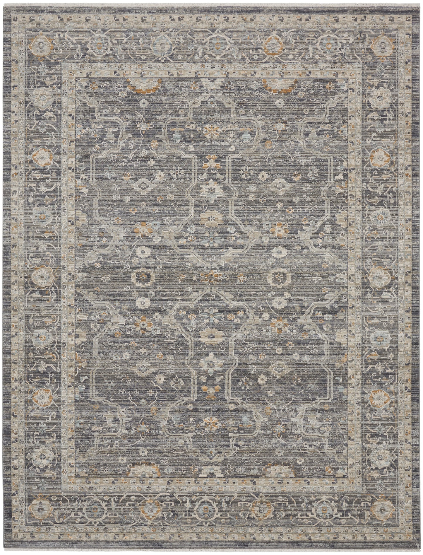 Rectangular grey-blue oriental rug with ivory border, gold accents and intricate floral medallion motif.