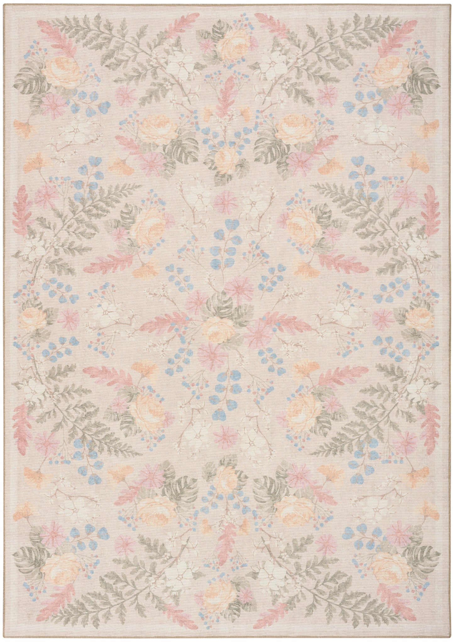 Pastel floral patterned rectangle rug in pinks, peaches, blues and grays with leafy motifs.