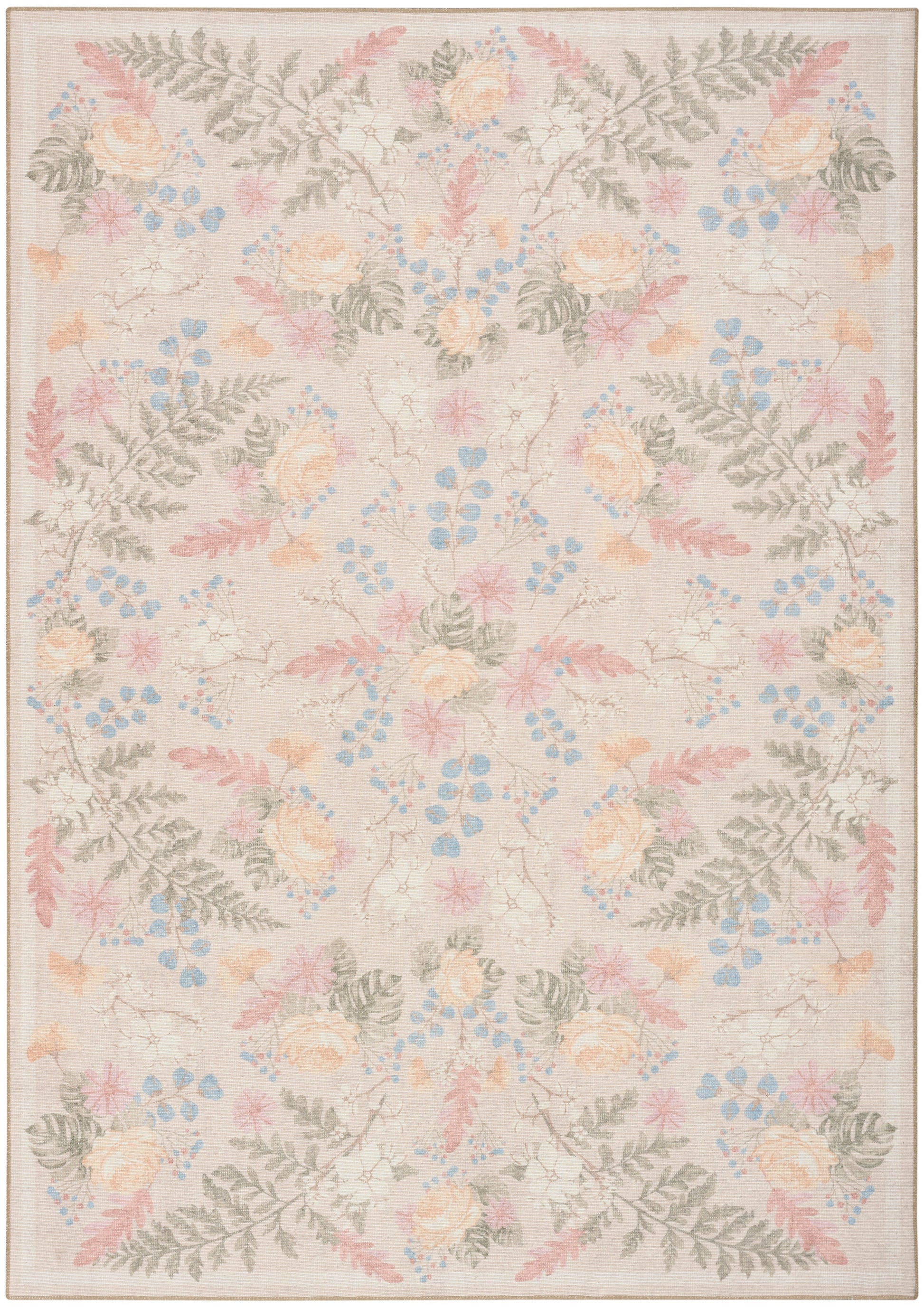 Pastel floral patterned rectangle rug in pinks, peaches, blues and grays with leafy motifs.