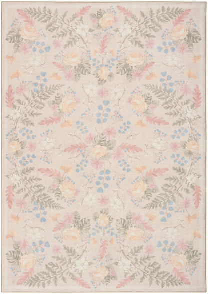 Pastel floral patterned rectangle rug in pinks, peaches, blues and grays with leafy motifs.