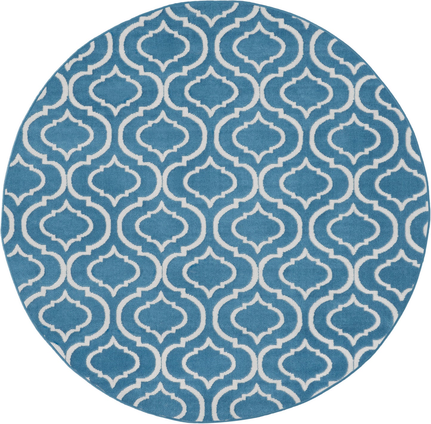 Round blue rug featuring a white trellis geometric pattern.