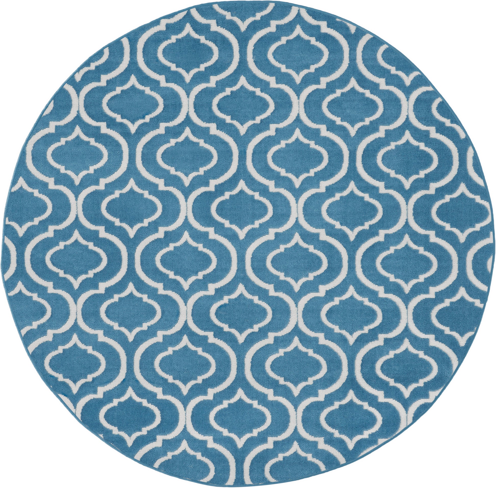 Round blue rug featuring a white trellis geometric pattern.