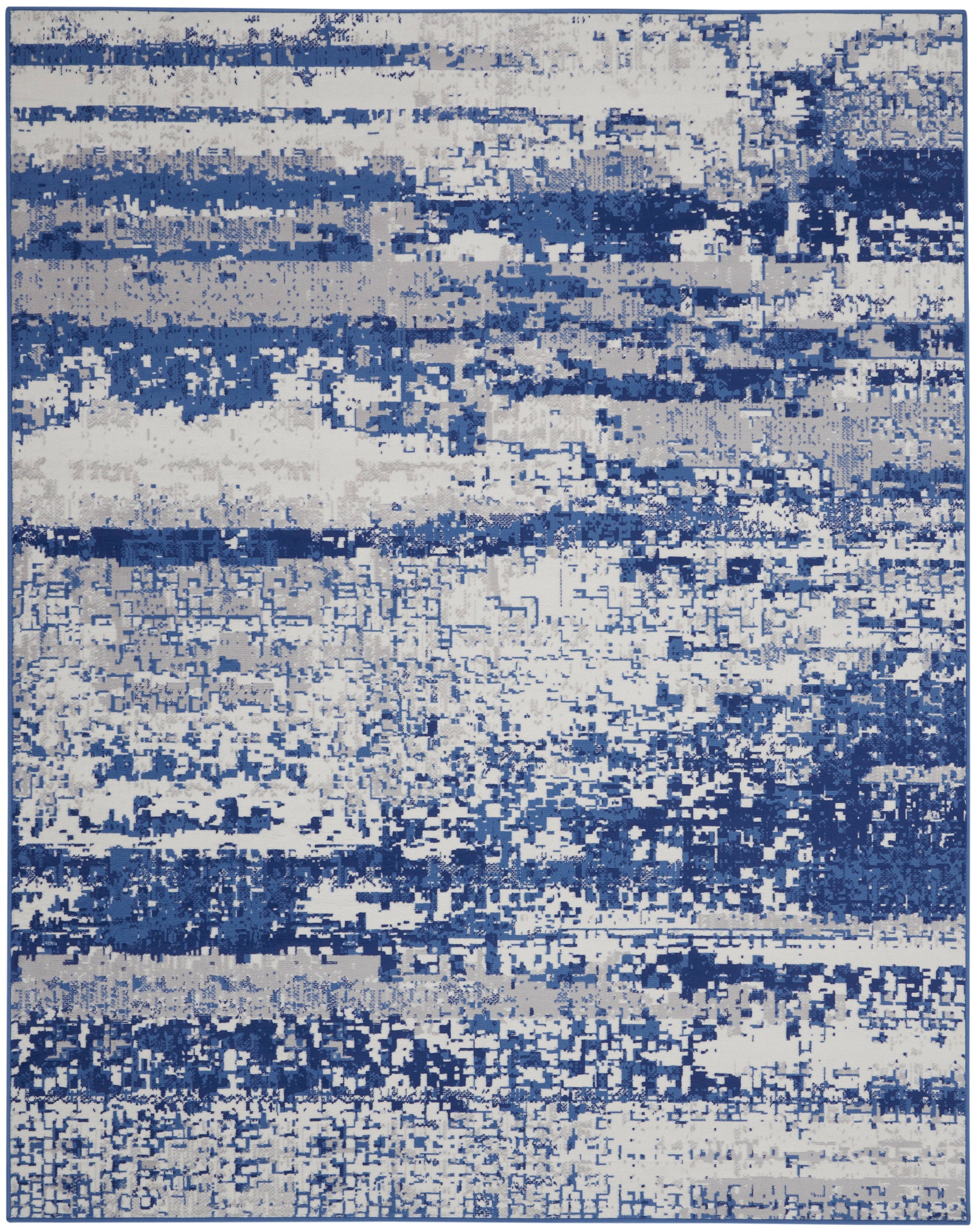 Rectangular area rug with abstract blue and ivory distressed horizontal stripes; modern coastal style.