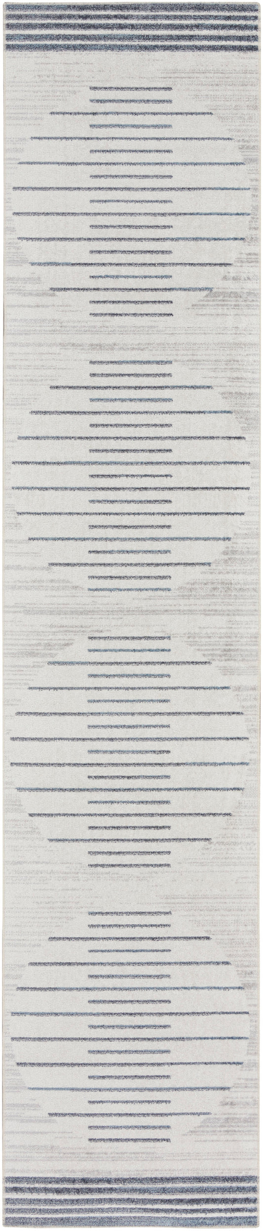 Long woven rug runner, 12' long, in light gray with repeating oval outlines of blue dashes and dark blue borders at the ends.