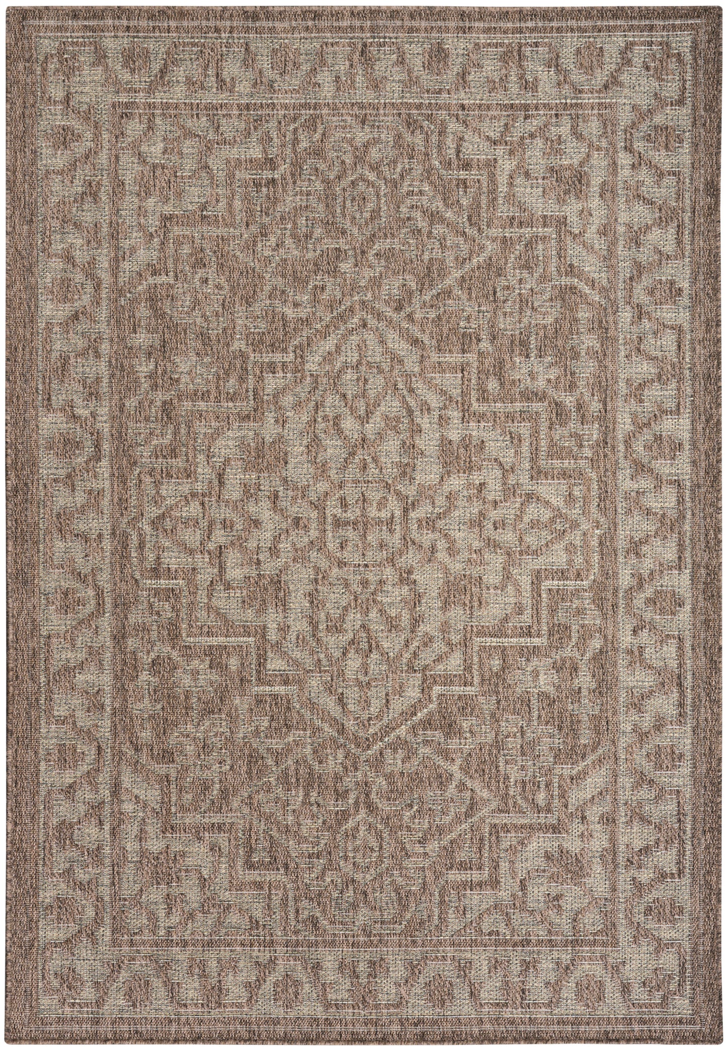 Brown-toned oriental rug with central medallion and geometric border in beige and taupe.
