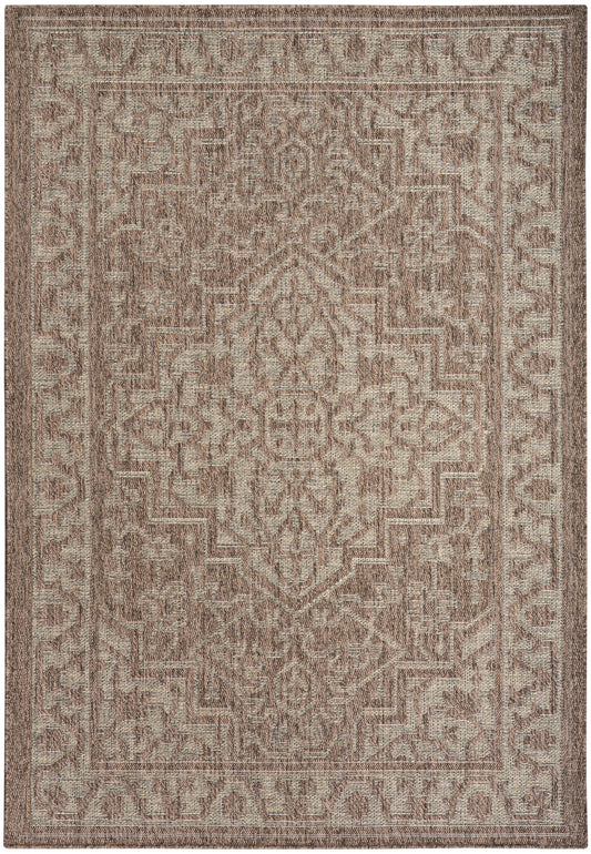 Brown-toned oriental rug with central medallion and geometric border in beige and taupe.