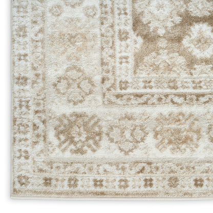 Cream and beige oriental rug with vintage floral medallions and bordered motif, plush pile, rectangular for living room use.