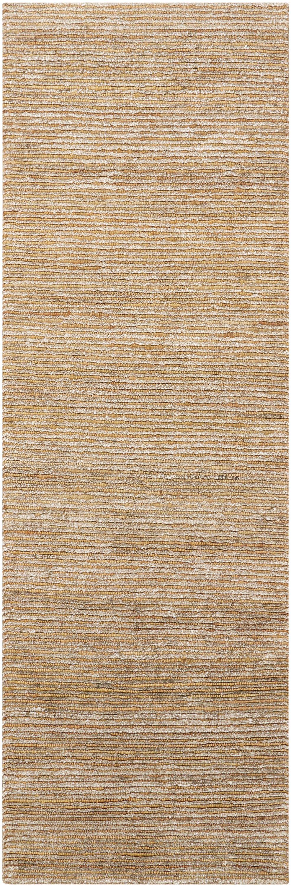 Rectangular woven area rug in natural beige and tan with subtle horizontal stripes and a textured pile.