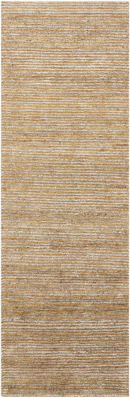 Rectangular woven area rug in natural beige and tan with subtle horizontal stripes and a textured pile.
