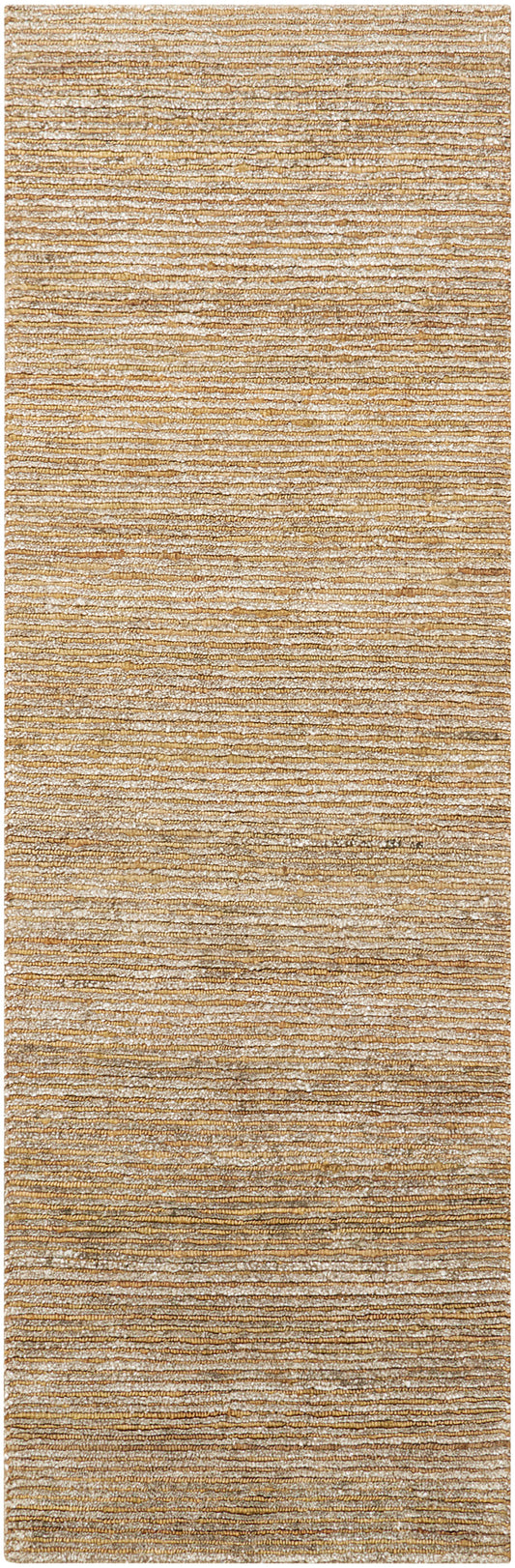 Rectangular woven area rug in natural beige and tan with subtle horizontal stripes and a textured pile.
