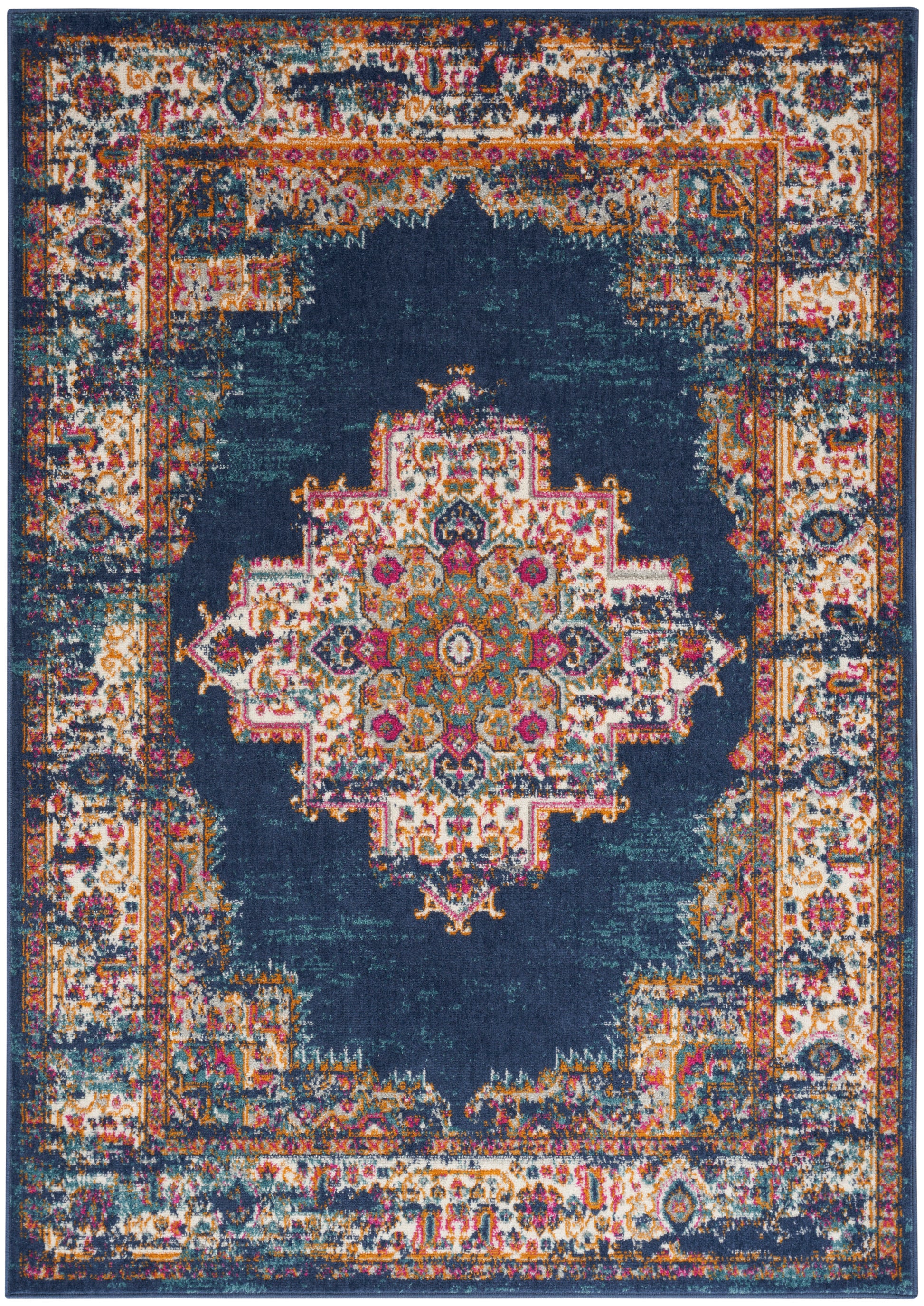 Rectangular oriental rug with a deep navy center, vibrant multicolor medallion, and antiqued ivory/gold border.