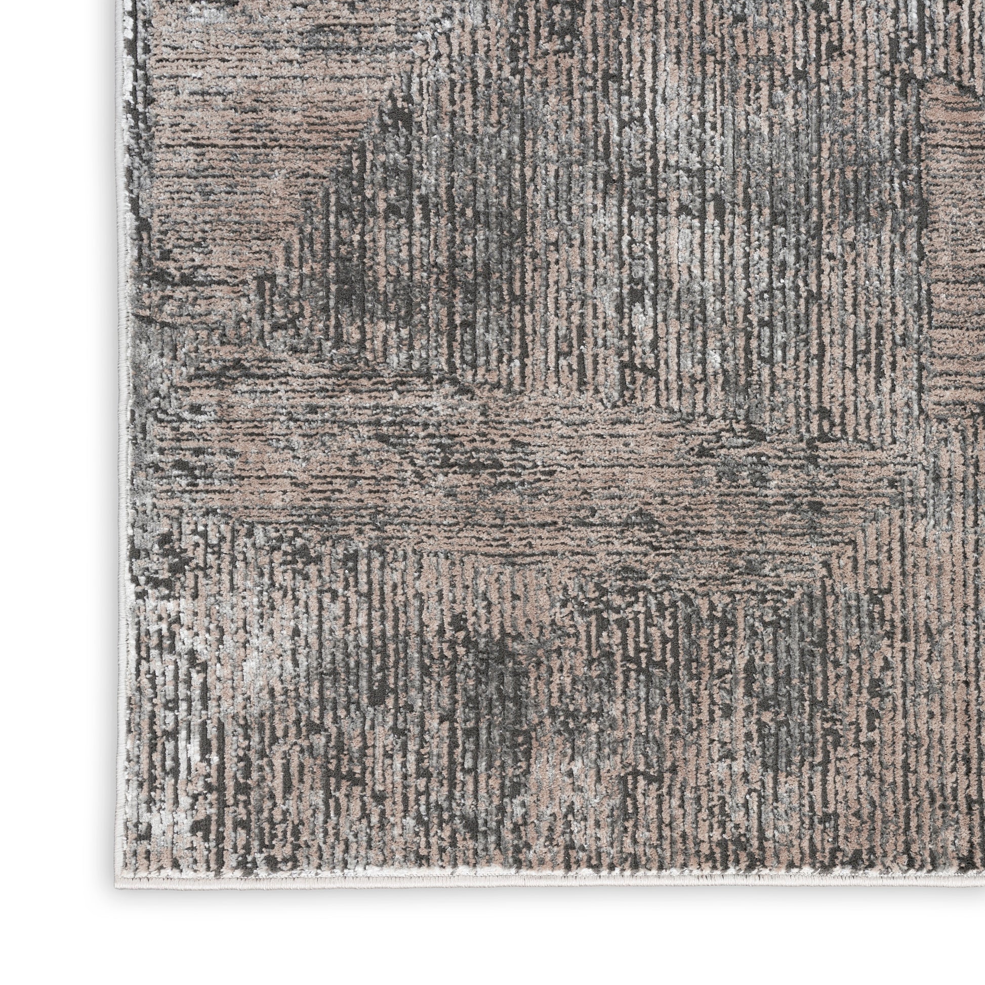 Rectangular distressed gray-taupe abstract rug; linear geometric pattern, soft textured pile for modern living spaces.