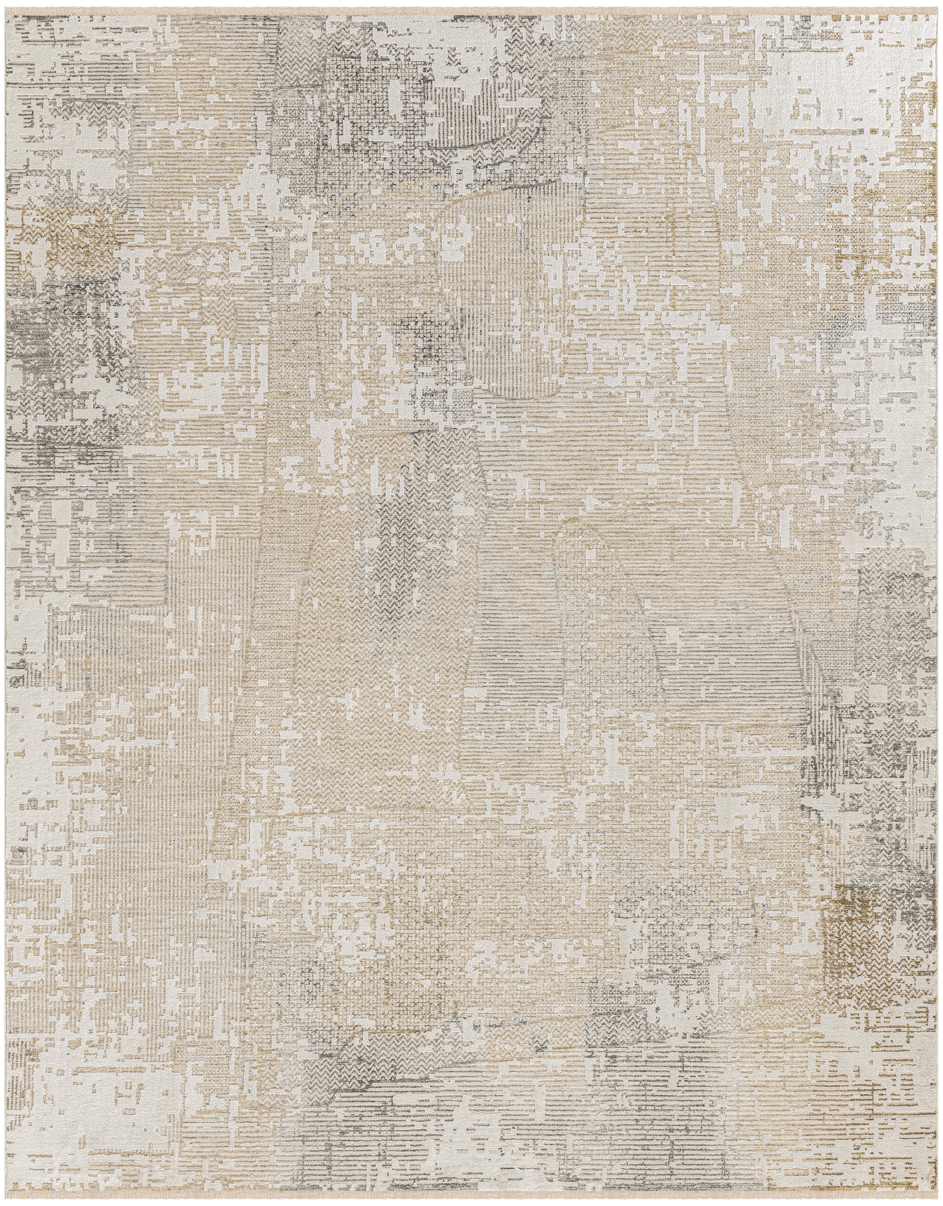 Neutral abstract distressed area rug in beige, cream & gray with patchwork pattern.