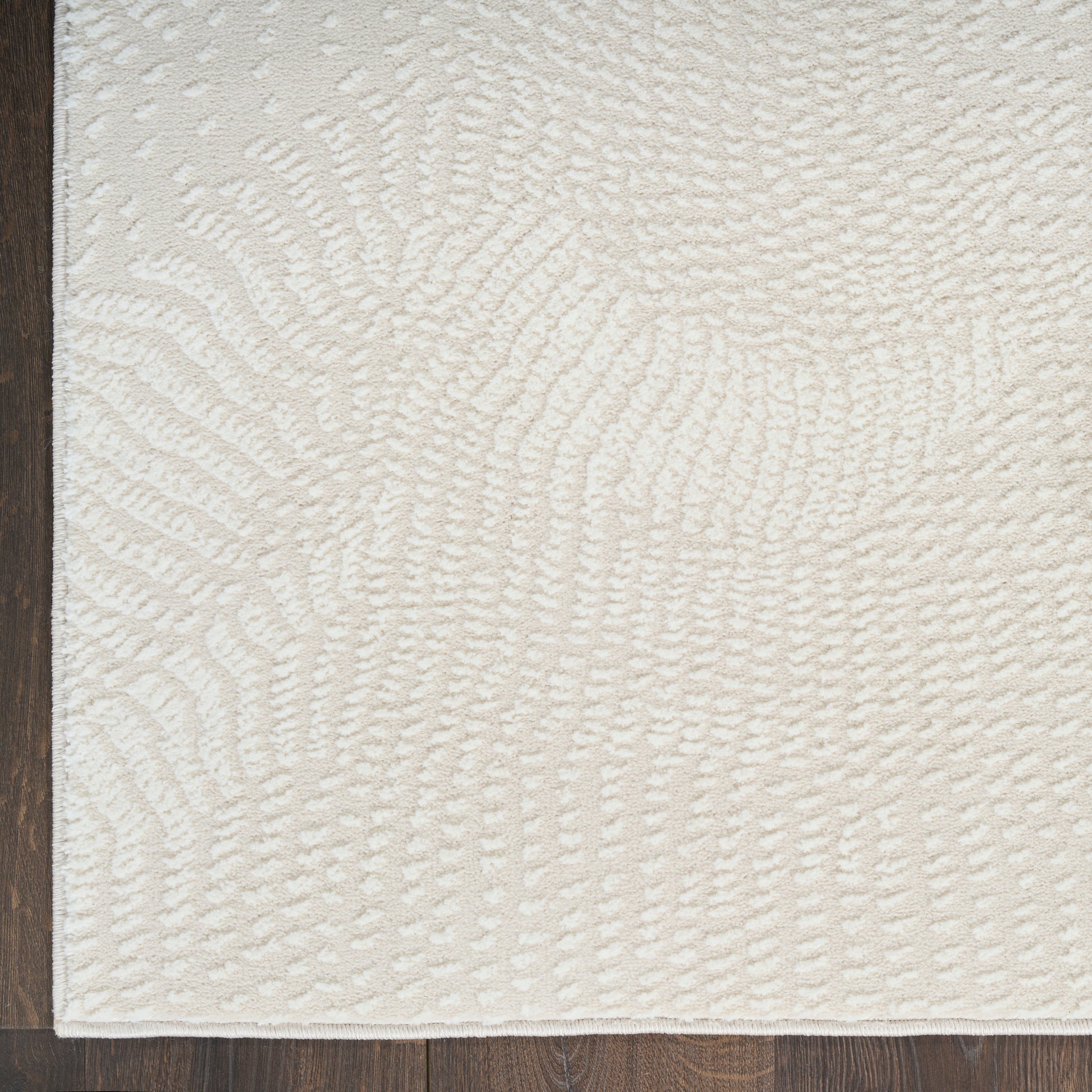 Ivory textured area rug with raised swirl pattern and plush loop pile, modern cozy living room decor.