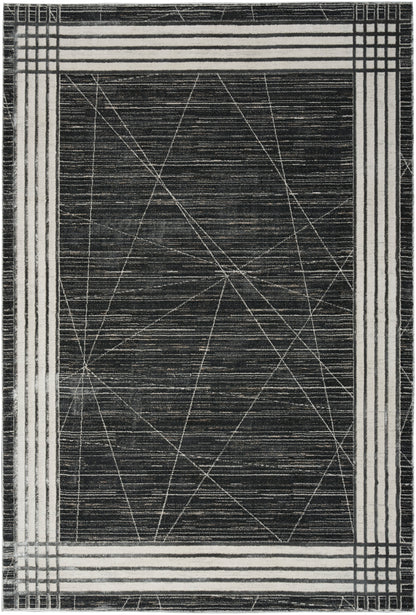 Rectangular charcoal rug with white diamond lattice lines and light striped borders; modern contemporary style.