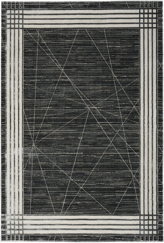 Rectangular charcoal rug with white diamond lattice lines and light striped borders; modern contemporary style.