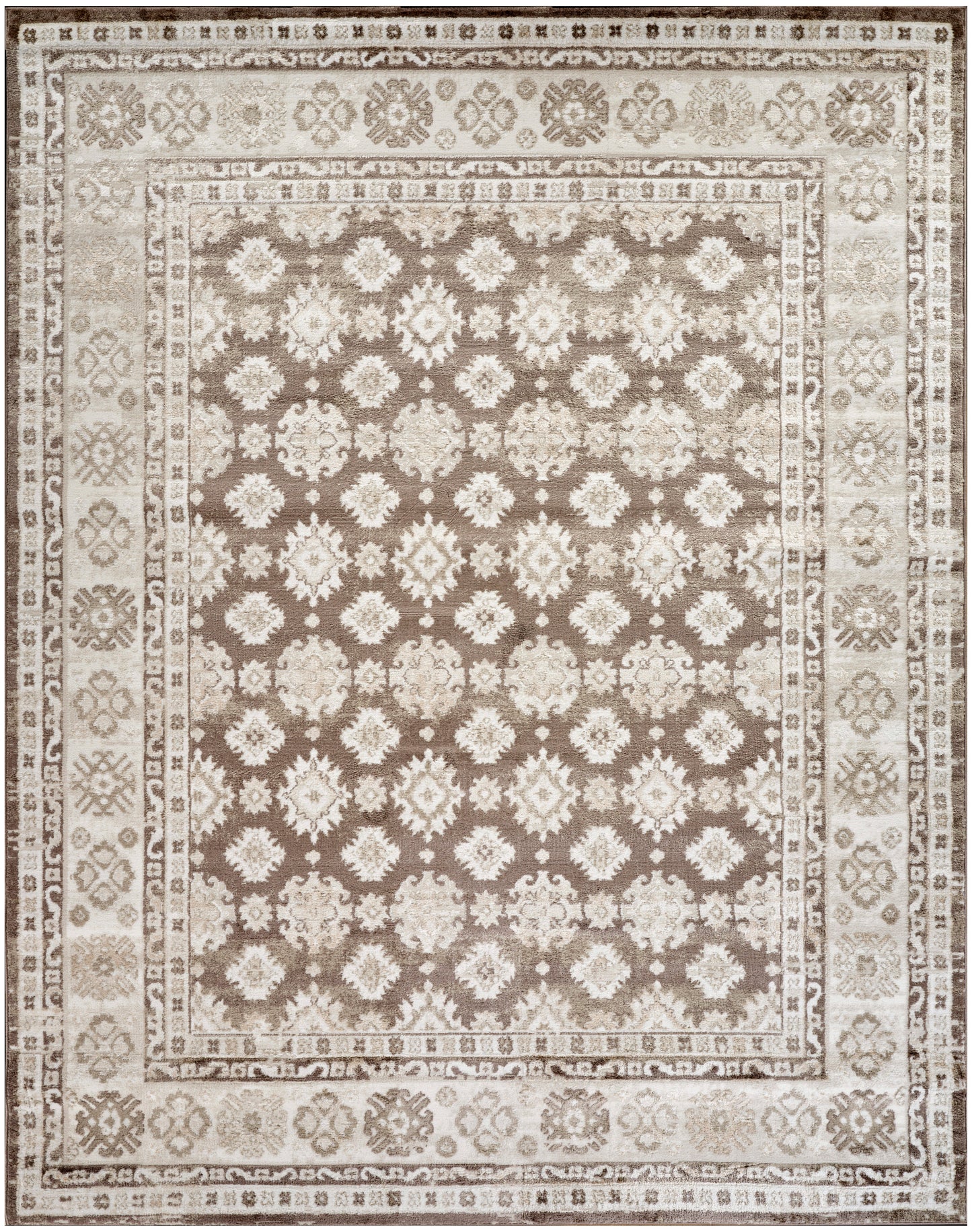 Rectangular oriental area rug in beige-brown tones with ivory floral motifs and multiple borders.
