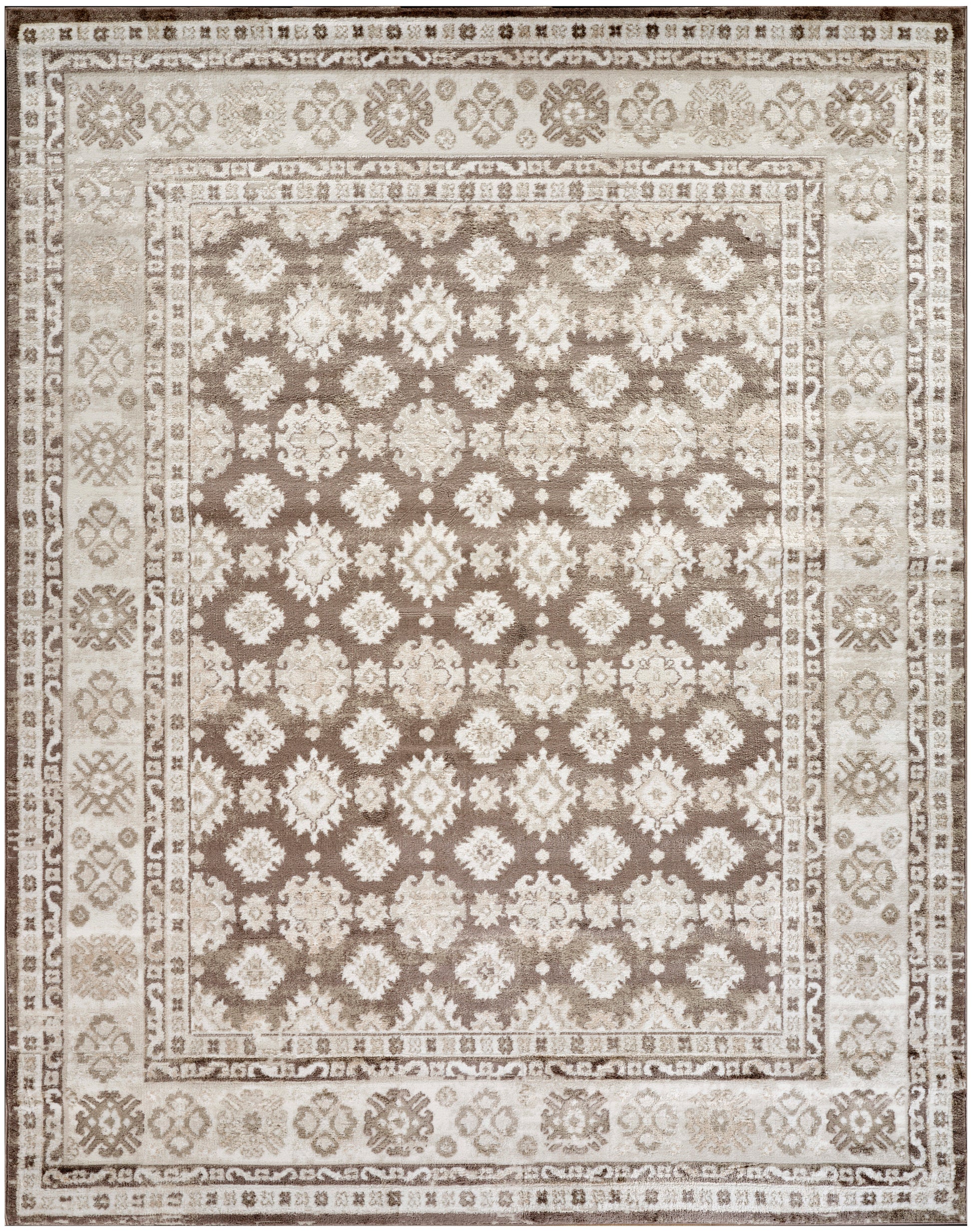 Rectangular oriental area rug in beige-brown tones with ivory floral motifs and multiple borders.