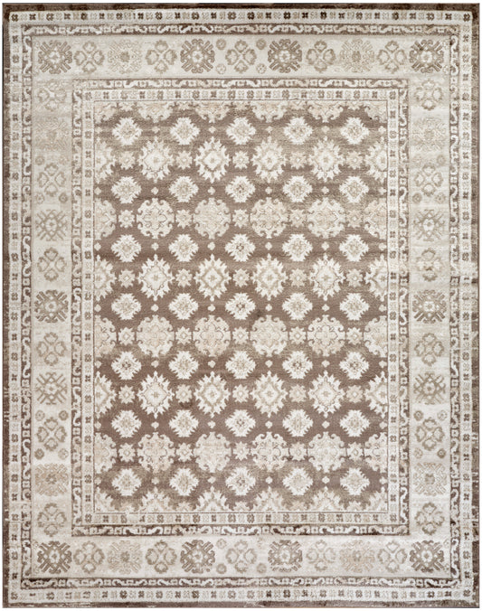 Rectangular oriental area rug in beige-brown tones with ivory floral motifs and multiple borders.