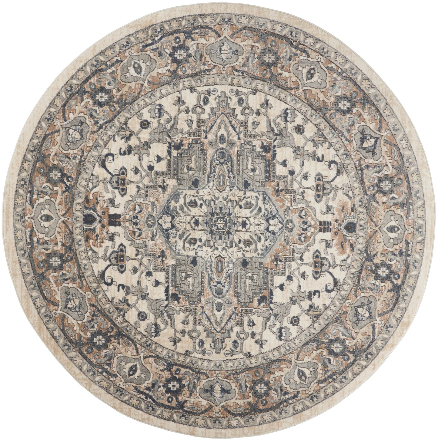 Round, woven rug with Persian-inspired medallion & floral border in beige, gray, navy & taupe for elegant floor decor.