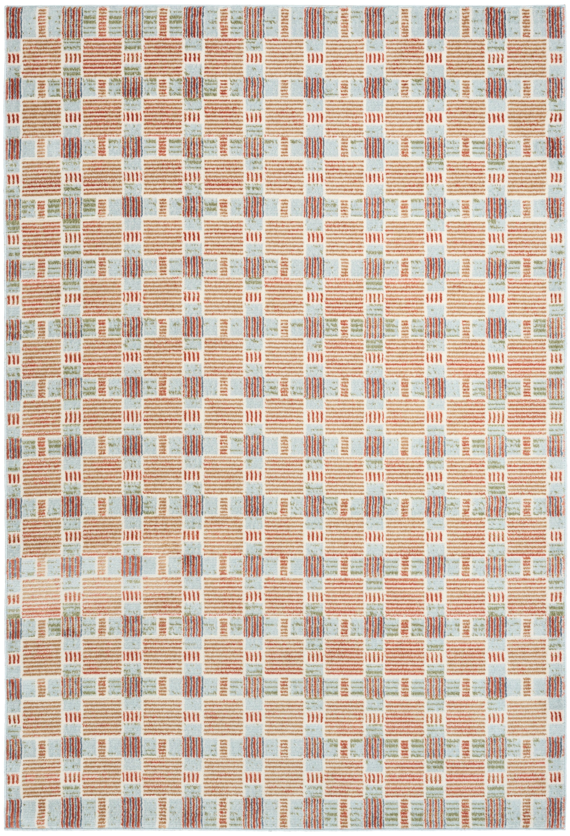Geometric woven rug with peach and light blue blocks in a repeating grid pattern, modern contemporary style.