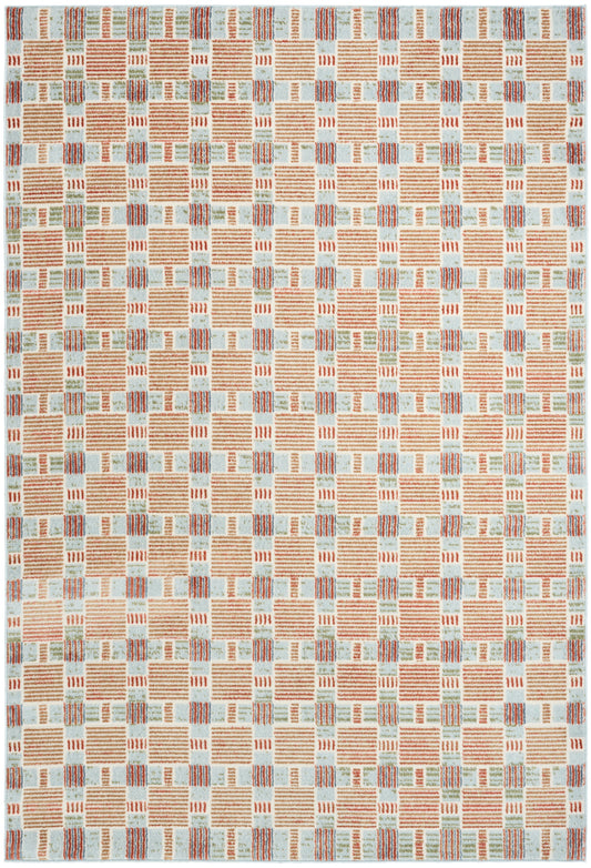 Geometric woven rug with peach and light blue blocks in a repeating grid pattern, modern contemporary style.