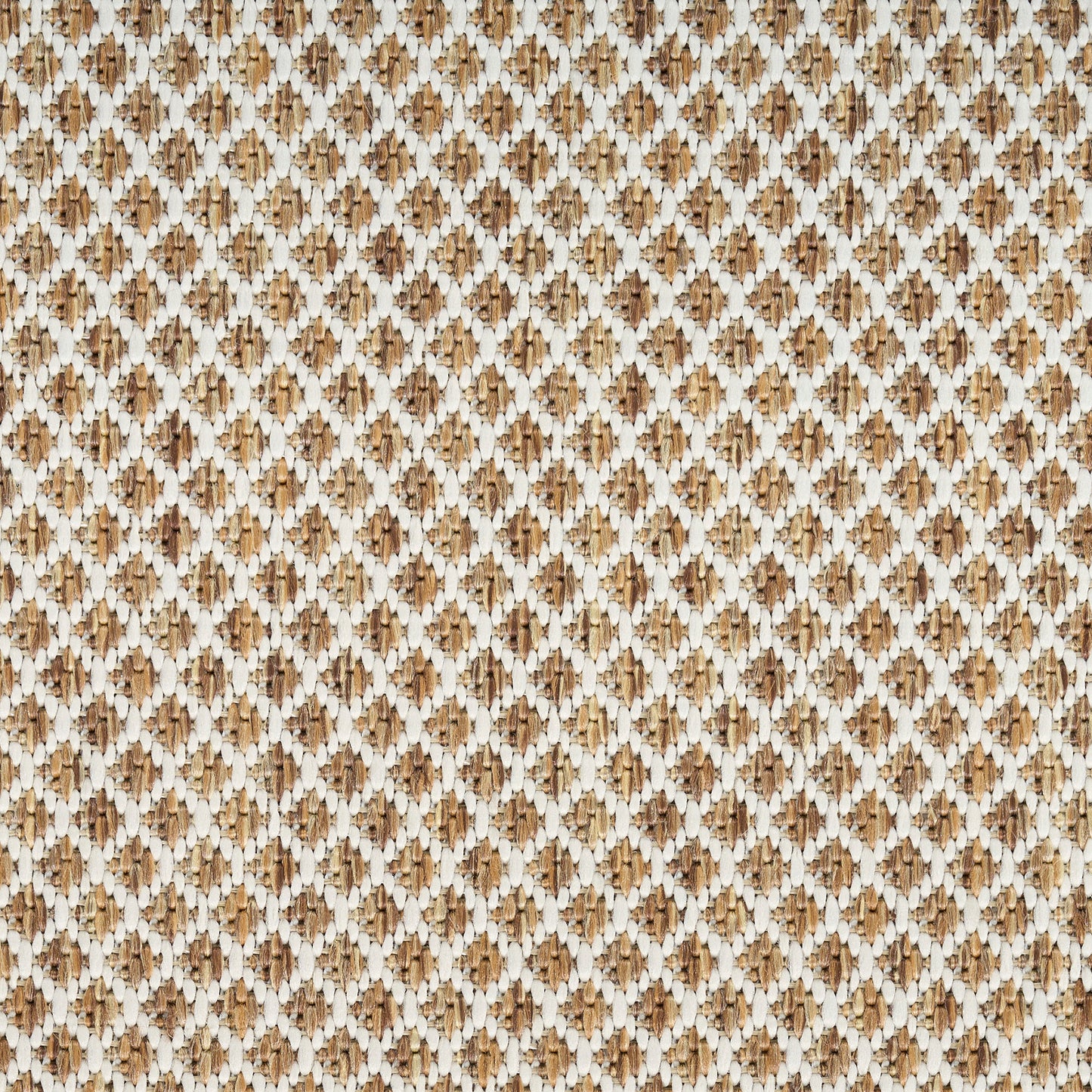 Close-up of a brown and cream woven lattice textile with a diamond pattern; natural fiber, rustic rug.