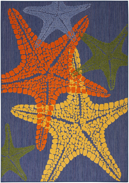 Coastal looped-pile area rug with navy background & overlapping orange, yellow, & green starfish motifs.