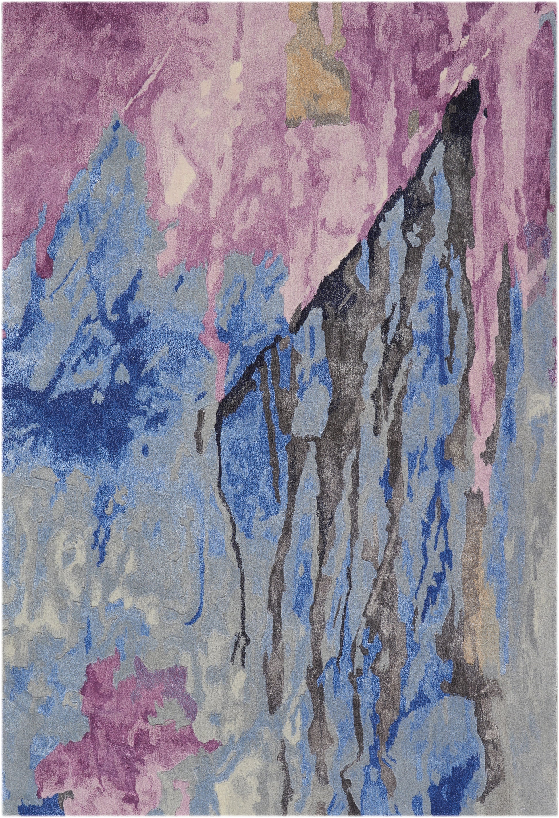 Abstract mountainous rug in pink, purple, blue and gray with bold black veining; modern decorative piece.