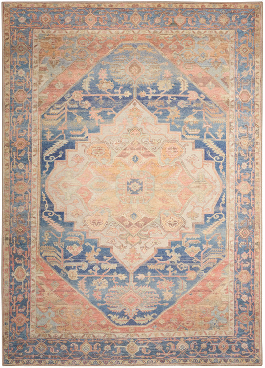 Rectangular oriental rug with pastel peach, blue and cream; central medallion, floral borders, distressed vintage look.