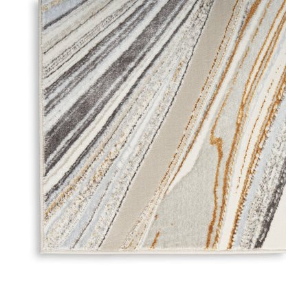 Neutral abstract striped rug with grey, beige, cream and tan diagonal lines; woven pile.