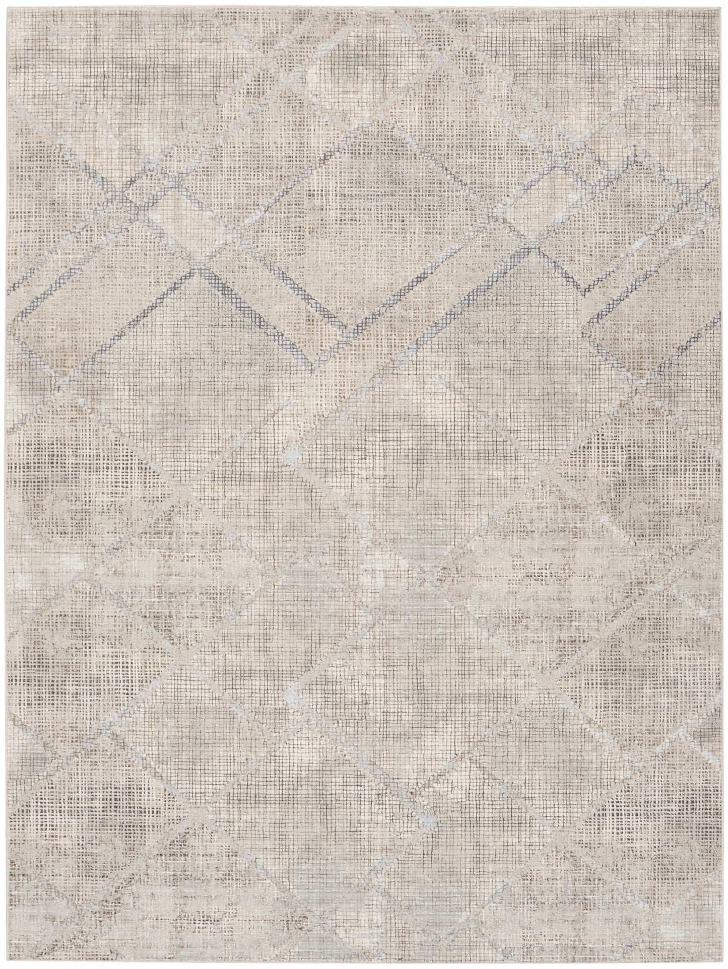 Muted beige-gray area rug with abstract diamond lattice pattern and distressed woven texture.