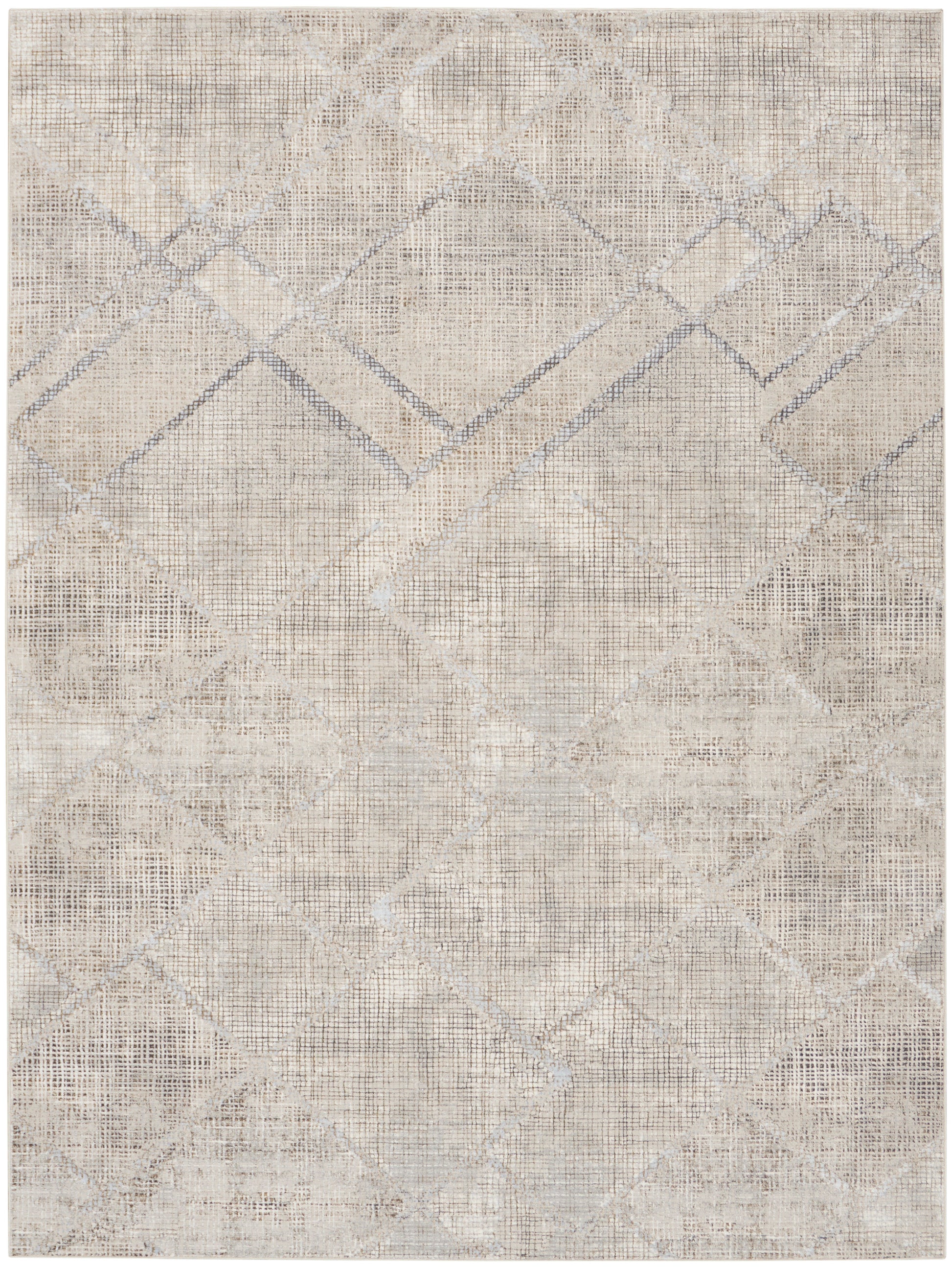 Muted beige-gray area rug with abstract diamond lattice pattern and distressed woven texture.