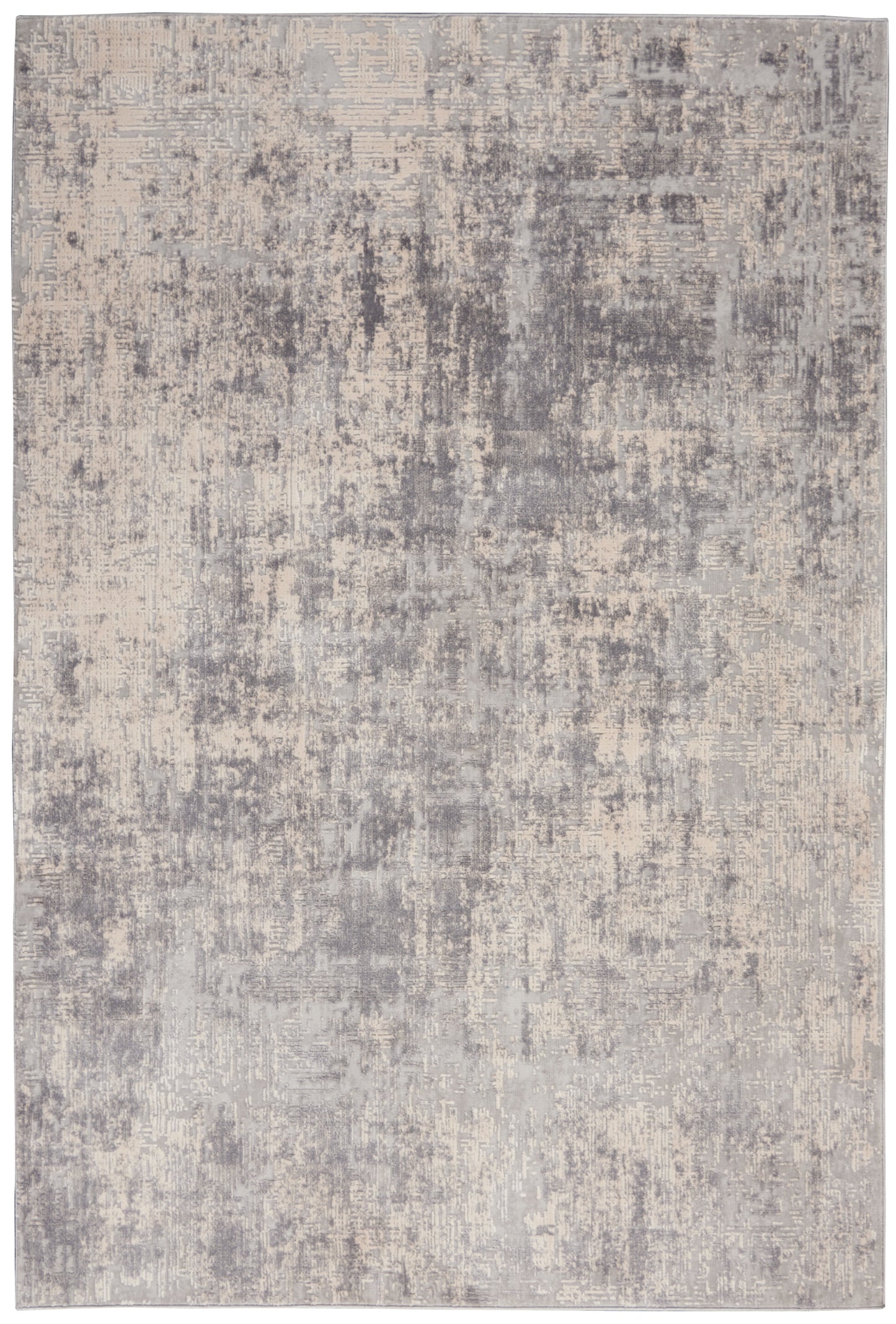Rectangular area rug in muted gray and beige with a distressed abstract pattern.