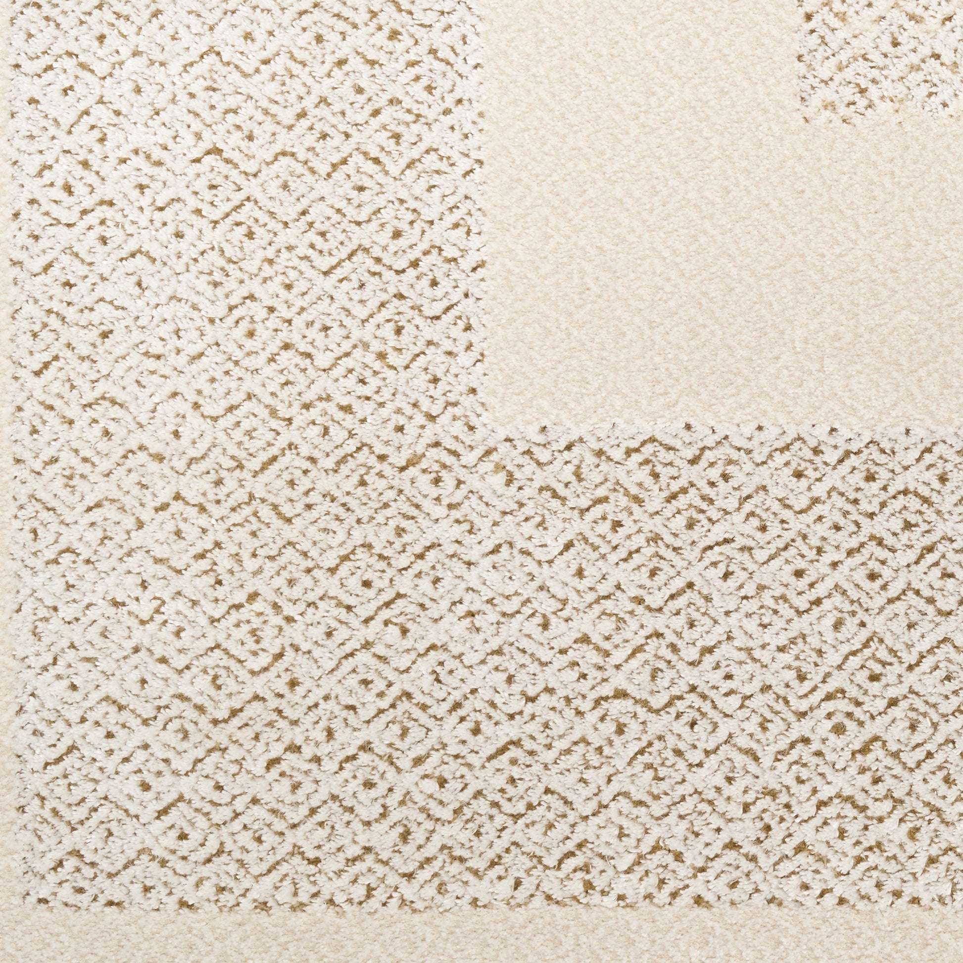 Neutral beige area rug with cream lattice geometric pattern; plush textured weave for contemporary decor.