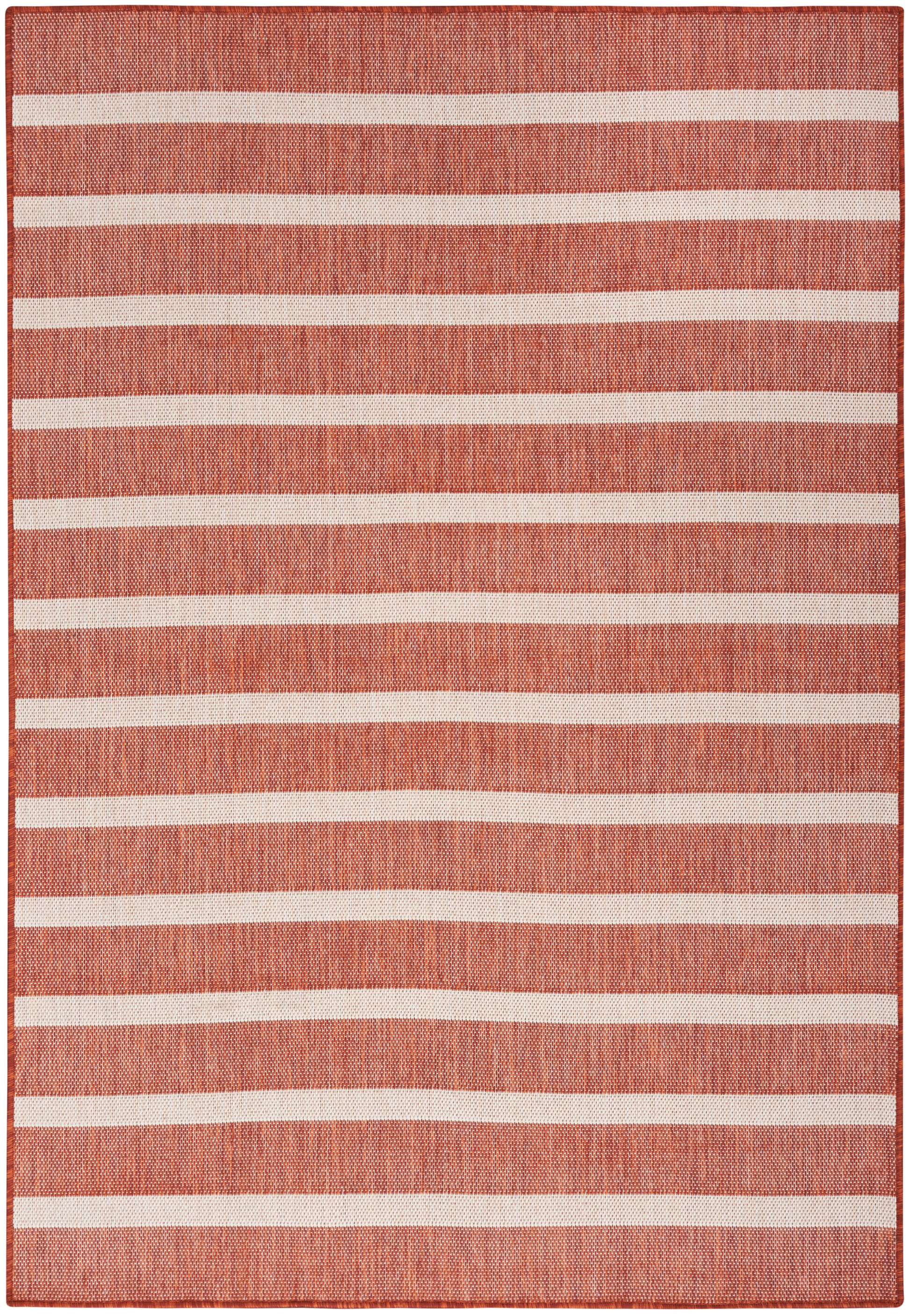 Orange woven rug with evenly spaced white horizontal stripes, rectangular living room area rug.
