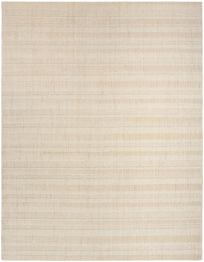 Natural beige flat-weave rug with subtle horizontal stripes and textured weave.