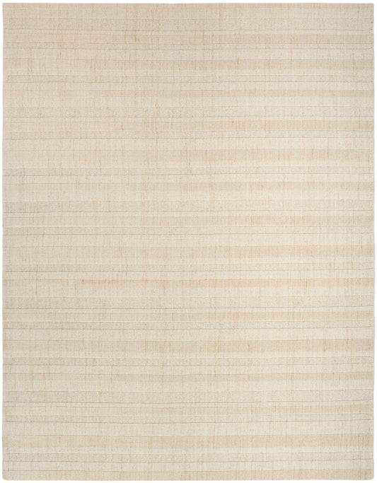 Natural beige flat-weave rug with subtle horizontal stripes and textured weave.