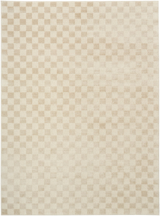 Beige checkerboard area rug with subtle woven texture; neutral, modern rectangular rug for living spaces.