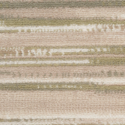 Beige, taupe and sage striped woven rug with soft, low-pile texture.