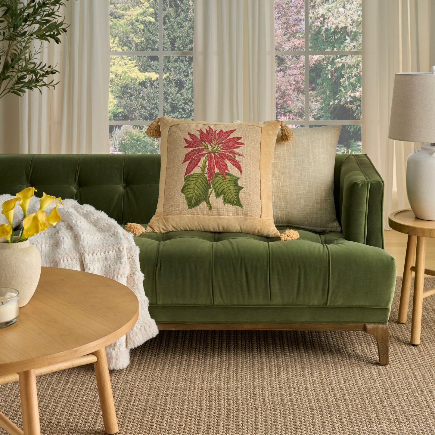 Beige decorative pillow, 21 x 21 inches, featuring a vintage-style pattern.