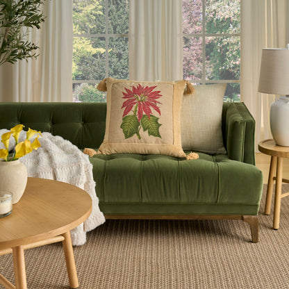 Beige decorative pillow, 21 x 21 inches, featuring a vintage-style pattern.