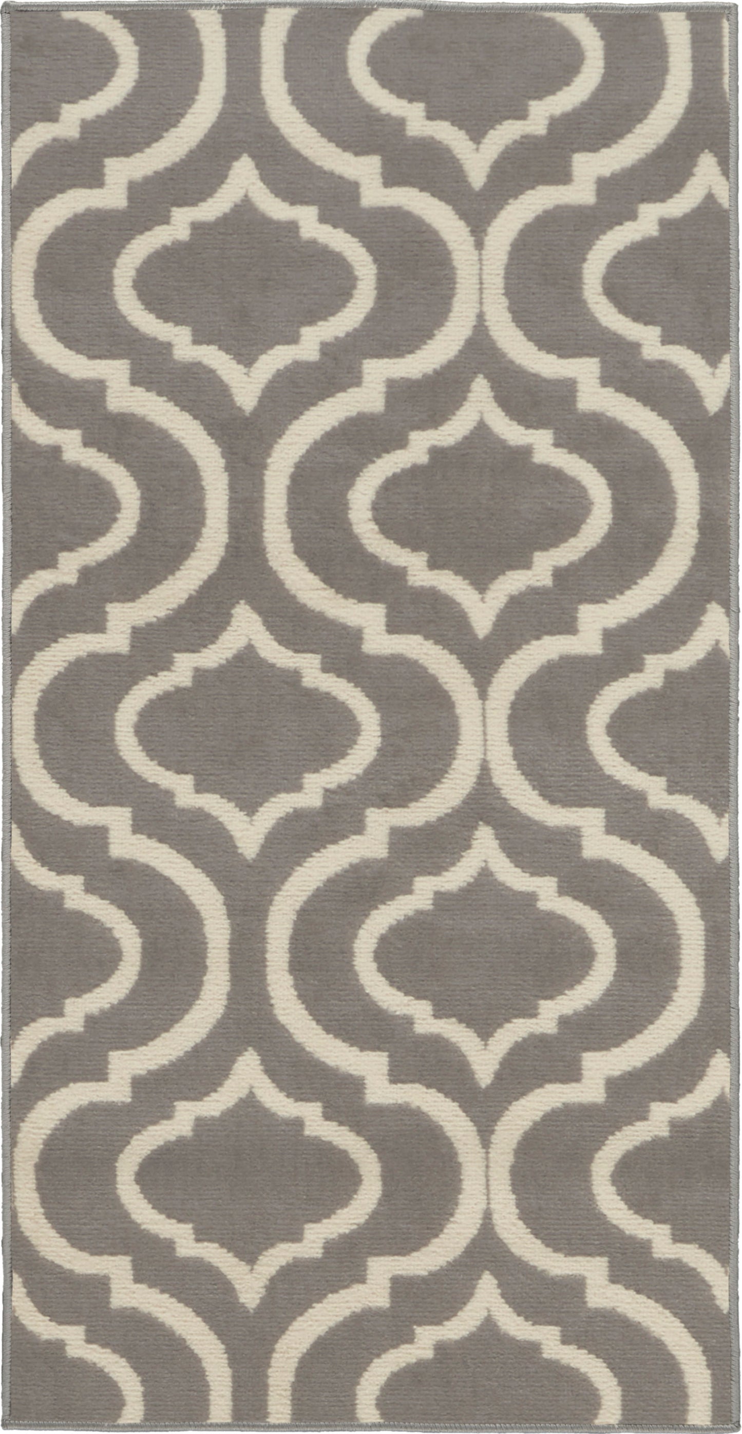 Gray rug with cream trellis/arabesque pattern, modern geometric design, rectangular, soft textured look.
